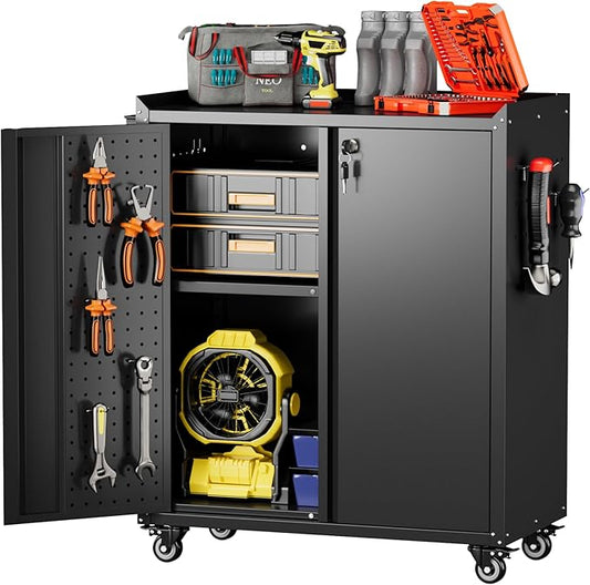 Reemoon Metal Storage Cabinets with Door Pegboard,Lockable Garage Storage Cabinets with Wheels for Garage, Home, Office,Assembly Required,Black,13.8" D x 26" W x 31.5" H