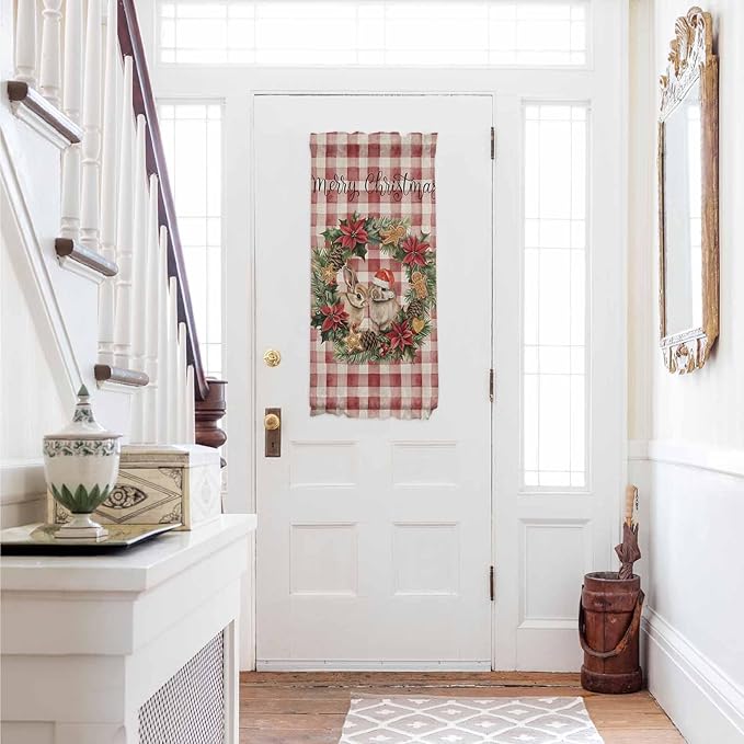 Christmas French Door Curtain Panel for Front Door, Rabbits Santa Hat Christmas Wreath Red Checkered Slidelight Door Curtains with Tieback Light Filtering Privacy Panels for Doorway Entryway 25"x 40"
