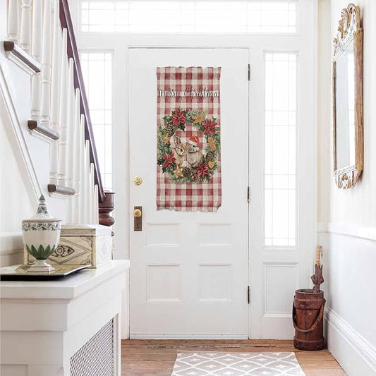 Christmas French Door Curtain Panel for Front Door, Rabbits Santa Hat Christmas Wreath Red Checkered Slidelight Door Curtains with Tieback Light Filtering Privacy Panels for Doorway Entryway 25"x 40"