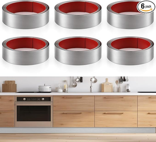 6 Pack 8 x 34 Inch Stainless Steel Kick Plate for Protection Decoration DIY Self Adhesive Metal Kick Plates for Interior or Exterior Wall Kitchen Cupboard Dishwasher(Silver)