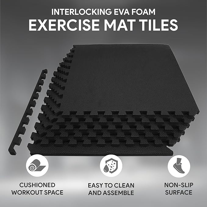 BalanceFrom Puzzle Exercise Mat 1/2' Thick, EVA Interlocking Foam Floor Tiles for Home Gym, Mat for Home Workout Equipment, Floor Padding for Kids, Black, 24 in x 24 in x 1/2 in, 24 Sq Ft - 6 Tiles