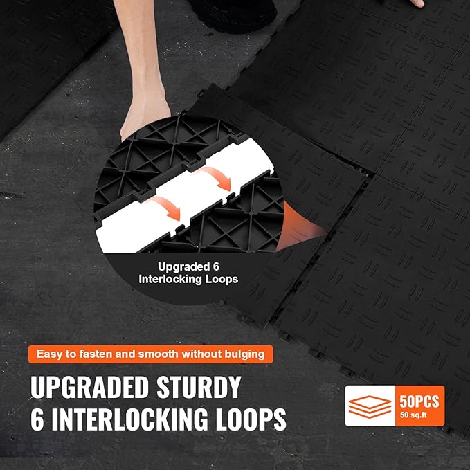 VEVOR Garage Floor Tiles 12 x 12 x 0.53 inch, Interlocking Design Ease of Installation Double-Sided Texture Non-Slip Sturdiness, for Garages, Basements, Repair Shops, Black, 50 Pack