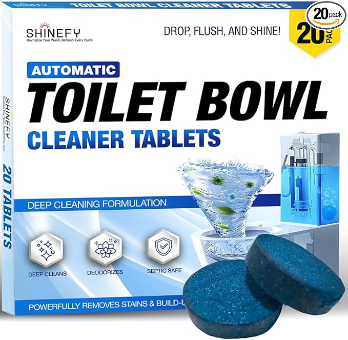 Shinefy Automatic Toilet Bowl Cleaner Tablets – 20 Tabs - Blue Gel Toilet Tank Cleaners, Hard Water Ring Remover, Septic-Safe Heavy-Duty Stain & Smell Eliminator, Toilet Cleaning & Deodorizer