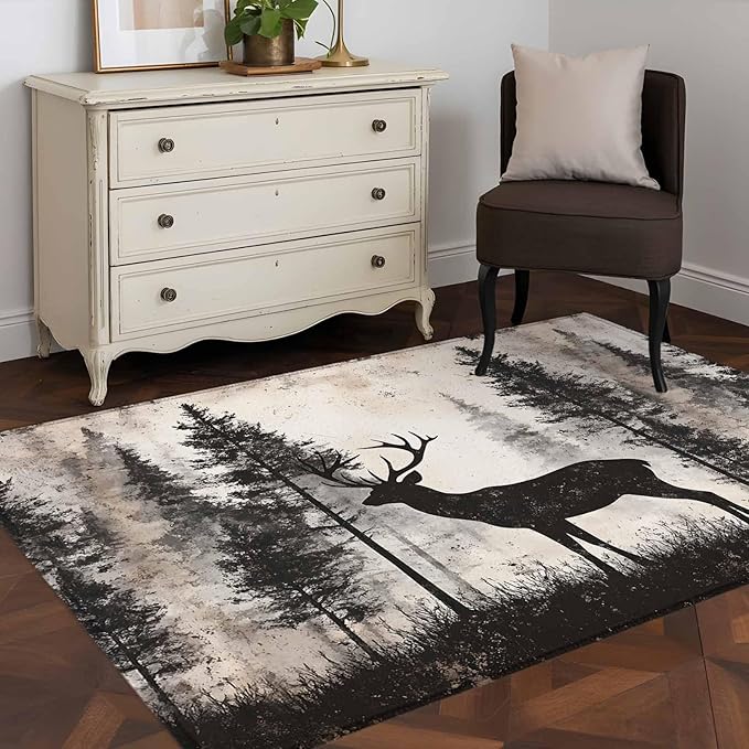 Elk 4'x6' Area Rugs, Deer Silhouette Washable Area Rugs Non-Slip Indoor Floor Mats Carpet for Living Room Bedroom Dining Room