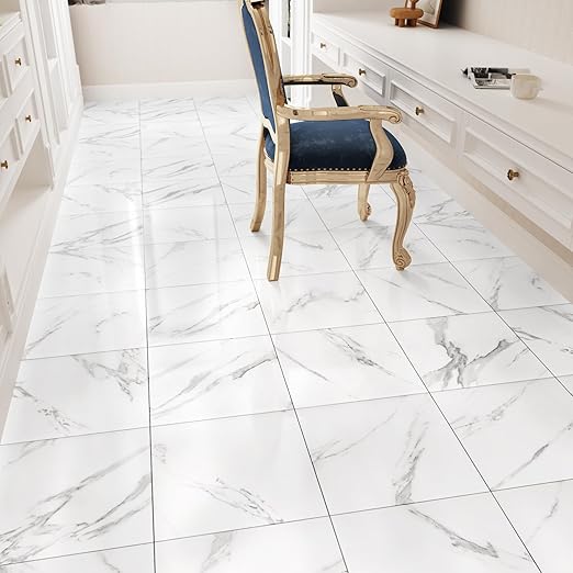 Wallercity White Marble Floor Tile Peel and Stick Bathroom Flooring Self Adhesive 18PCS Vinyl Floor Tiles Waterproof Flooring Sticky Tiles for Kitchen Bedroom Dinning Room Laminate Sheets 12''x12''
