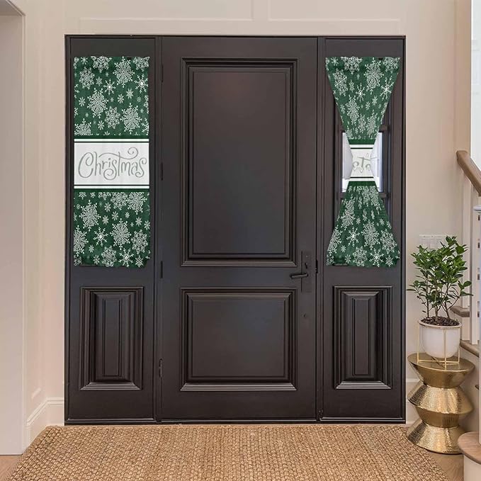 Christmas French Door Curtain Panel for Front Door, Different Dark Green Snowflakes Christmas Slidelight Door Curtains with Tieback Light Filtering Privacy Panels for Doorway Entryway 25"x 40"