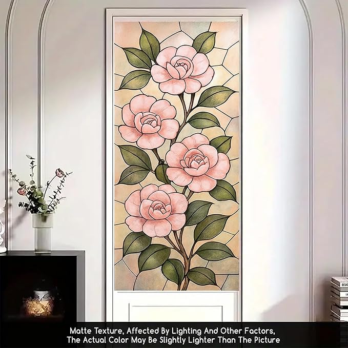 Pink Camellia Privacy Film Stained Glass Style Static Cling No Glue Decorative Panel Light Filtering Cover for Bedroom Door Vanity Entryway 17.7x39.3 inch