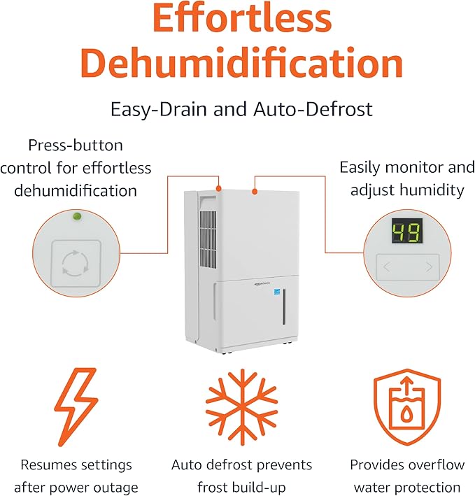 Amazon Basics 50-Pint Large Dehumidifier with Pump, Energy Star Certified, Humidity Control, Auto-Defrost, Timer, Overflow Protection for Rooms up to 4000 SFT, White