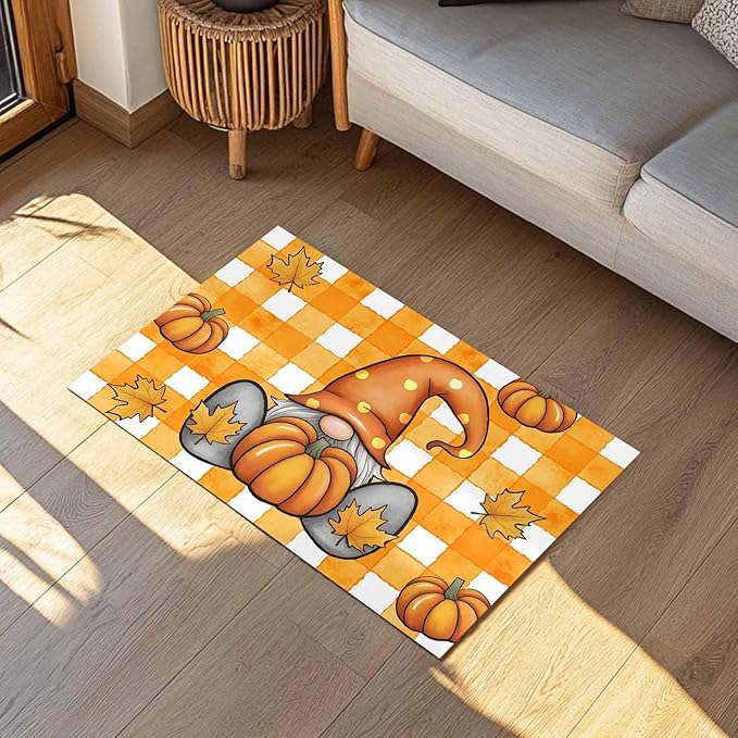 Welcome Door Mat 18x30in,Fall Dwarf Pumpkin Maple Leaves Indoor Entryway Doormats Non-Slip Bath Rug Absorbent Front Door Mat,Thanksgiving Orange Stripe Floor Carpet for Bedroom Bathroom