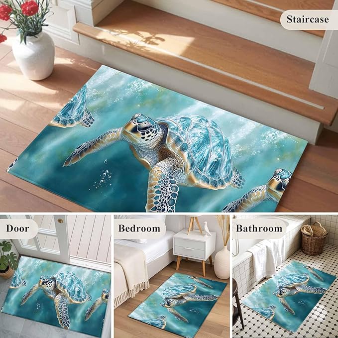 Marine Animal Entryway Rug 2'x3', Ocean Turtle Modern Art Abstract Style Small Area Rug Non-Slip Front Door Mat Washable Floor Carpet for Indoor Entrance Kitchen Bathroom