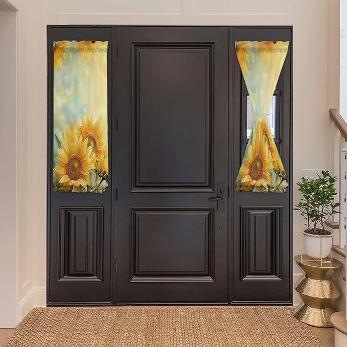 French Door Curtain Panel for Front Door, Bright Realism Sunflowers Plants Slidelight Door Curtains with Tieback Light Filtering Privacy Panels for Doorway Entryway 25"x 40"