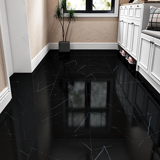 Wallercity Glossy Black Marble Vinyl Floor Tiles 12''x12'' Peel and Stick Floor Tile Waterproof Self Stick Flooring Tiles Black Removable Tile Decorative Panels for Bathroom Garage Kitchen 18-Packs