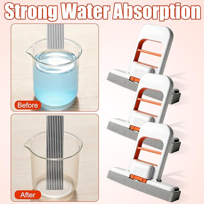 Juome 3Pcs Mini Foldable Desktop Mop - Portable Self-Squeeze Sponge Cleaning Tool, Wet and Dry Use Cleaning System, Mini Mop for Kitchen Counter, Bathroom, Glass (5 Sponge Head + 3 Squeeze Handle)