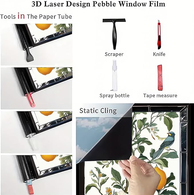 Lemon Bird Botanical Privacy Film Static Cling Decorative Glass Cover No Glue Light Filtering Window Panel for Kitchen Balcony Sunroom Door 17.7x39.3 inch