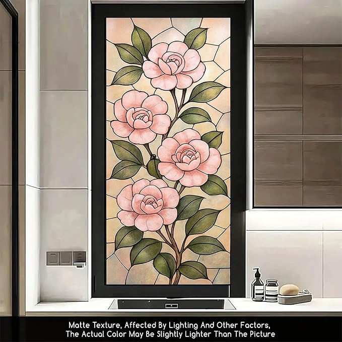 Pink Camellia Privacy Film Stained Glass Style Static Cling No Glue Decorative Panel Light Filtering Cover for Bedroom Door Vanity Entryway 17.7x39.3 inch