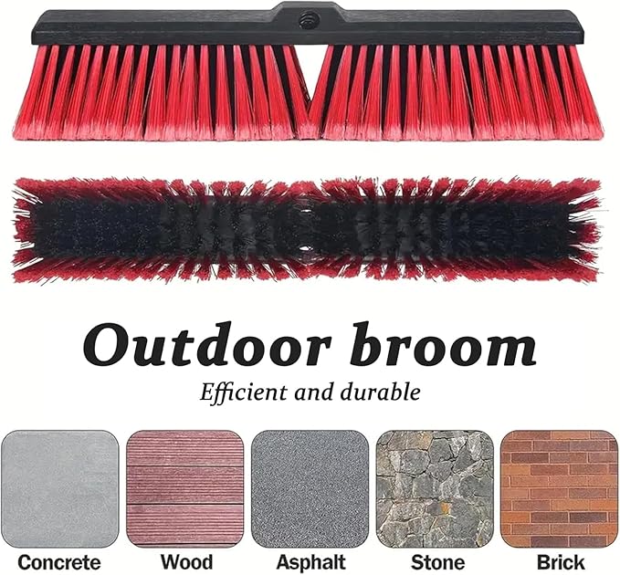 18" Push Broom Outdoor Heavy Duty, Snow Broom with Long Handle, Shop Broom Garage Push Broom for Garden, Patio, Garage, Bathroom, Kitchen, Tub, Carpet, Tile, Deck, Concrete, Industrial (Red White)