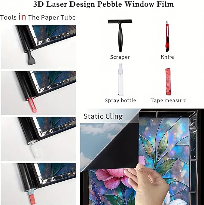 Peony Lily Window Film Dreamy Stained Glass Style Privacy Panel Static Cling No Glue Decorative Cover for Bedroom Door Studio Vanity 17.7x39.3 inch