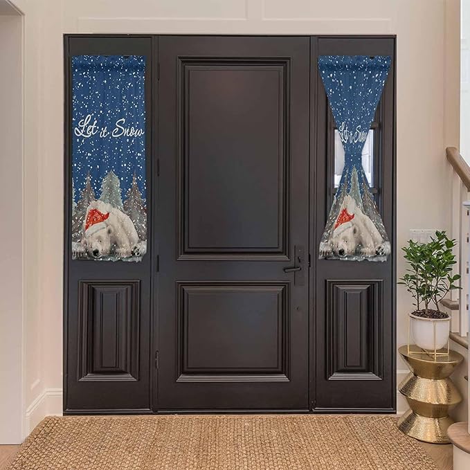 Christmas French Door Curtain Panel for Front Door, Hand Drawn Trees Winter Christmas Bear Slidelight Door Curtains with Tieback Light Filtering Privacy Panels for Doorway Entryway 25"x 40"