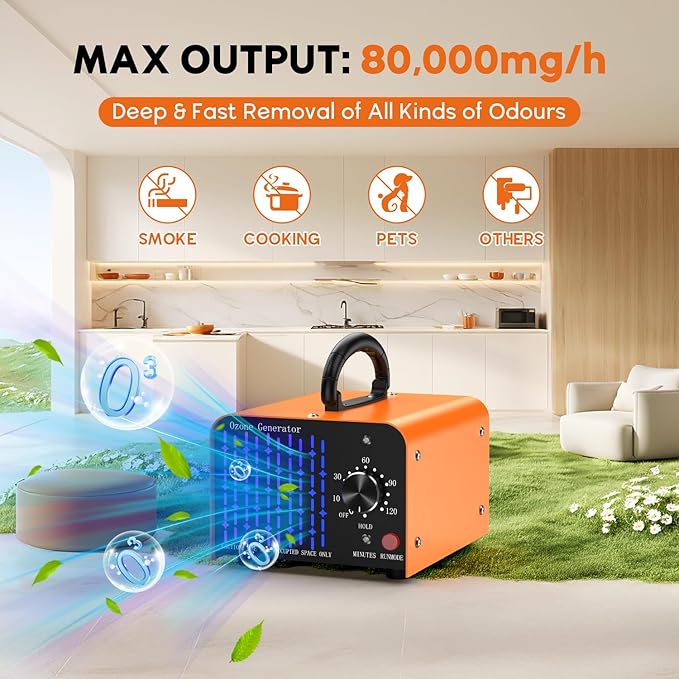 Medvoe 0zone Generator 80000mg - O3 Air Purifier for Home & Car, Ozone Machine Odor Removal for Smoke & Pet (Orange)