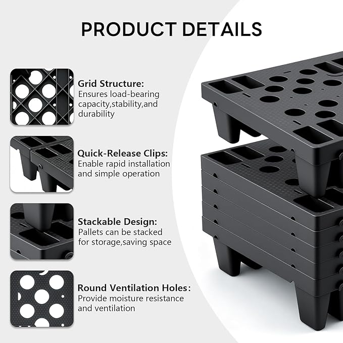 Plastic Pallets, 6pcs Black Lightweight Nestable Polyethylene Pallets, Moisture-Proof Floor Pallets, Mini Spliceable Plastic pallets for Basement Storage Kitchen Garages L 19.7" x W 11.8"x H 3.9"