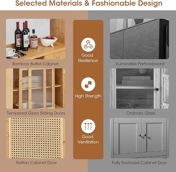 Giantex Pantry Cabinet, 69" Bamboo Hutch Cabinet with Storage, Drawer, Microwave Countertop, Glass Holder, Freestanding Buffet Sideboard with Rattan Door, Tall Cupboard for Kitchen Coffee Bar