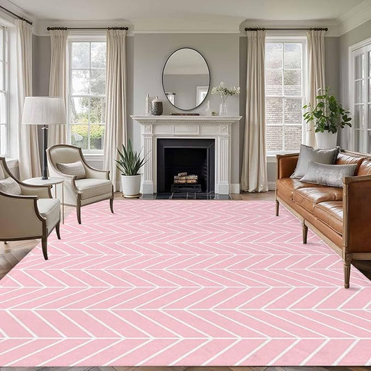 Pink Herringbone Stripes 9'x12' Large Area Rugs, Modern Abstract Geometric Pink Simple Lines Washable Area Rugs Non-Slip Indoor Floor Mats Large Carpet for Living Room Bedroom Dining Room