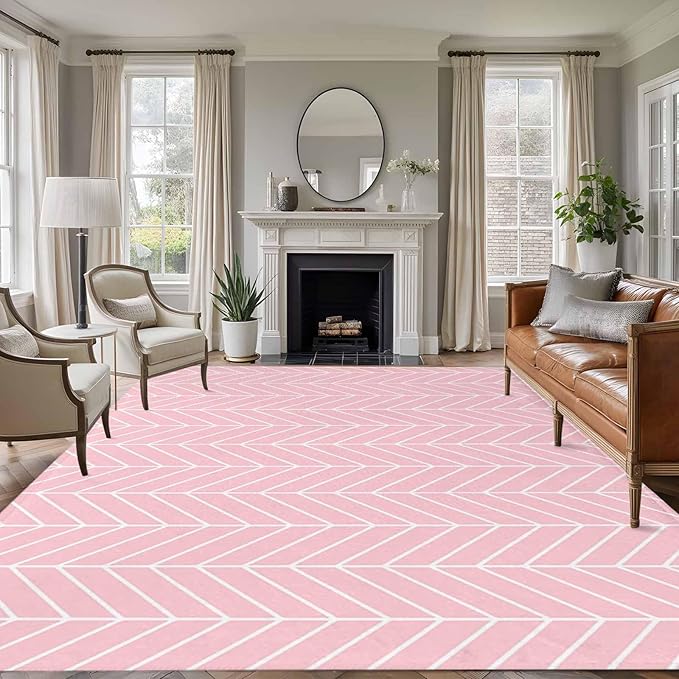 Pink Herringbone Stripes 5'x7' Area Rugs, Modern Abstract Geometric Pink Simple Lines Washable Area Rugs Non-Slip Indoor Floor Mats Carpet for Living Room Bedroom Dining Room