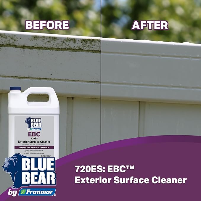 BLUE BEAR 720ES: Exterior Surface Cleaner – Biodegradable Fruit Acid Formula Removes Efflorescence, Cement Film, Moss, Algae & Dirt – Safe for Concrete, Stucco & Stone – 1 Gal