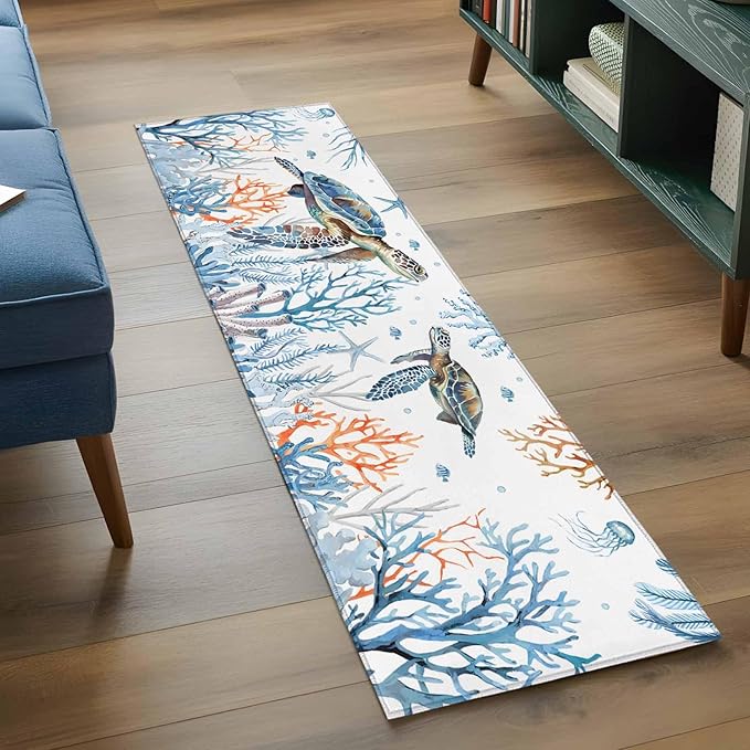 Sea Turtle Runner Rug 2'x6', Seagrass Coral Starfish Hallway Runner Rugs Washable Non-Slip Bedside Floor Mats Carpet for Kitchen Bedroom Laundry Room Bathroom