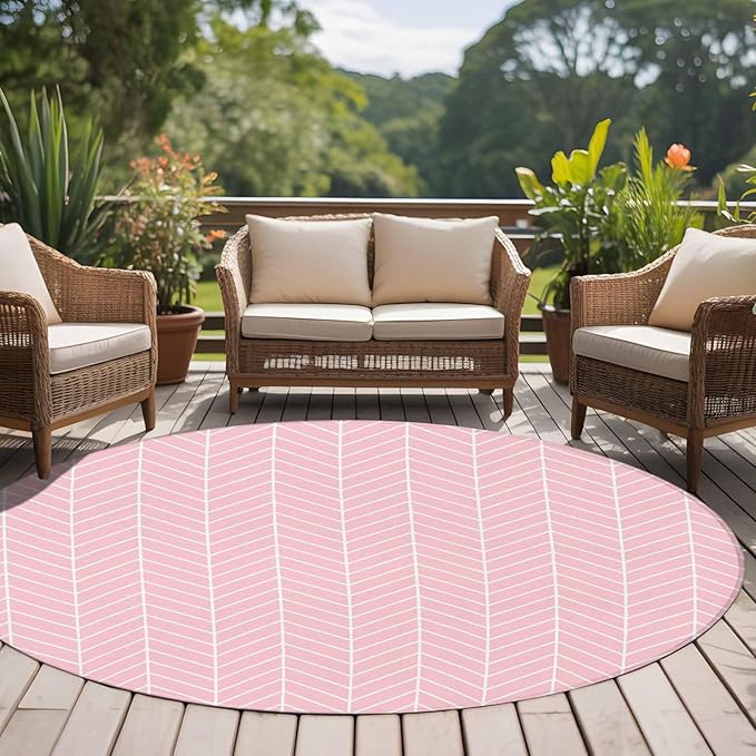 Pink Herringbone Stripes Large Round Rug 8Ft, Modern Abstract Geometric Pink Simple Lines Circle Area Rugs Washable Non Slip Indoor Floor Mats Carpet for Living Room Bedroom Dining Room Home Decor