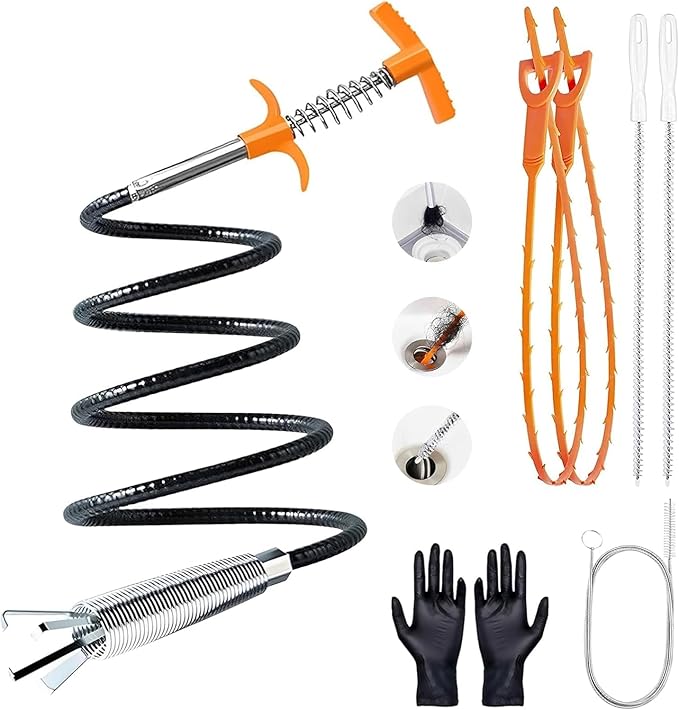 63 In Drain Snake Hair Drain Clog Remover Tool, Sink Drain Cleaner for Sewer Kitchen Bathroom Shower Tub Toilet Clogged Drains Opener Cleaning Tool, Flexible Grabber Claw Pick Up Reacher Tool