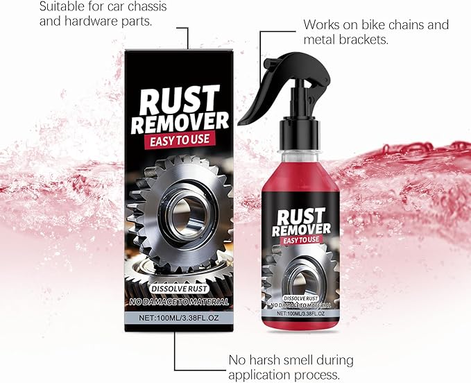 Rust Remover Spray for Metal, Heavy Duty Metal Cleaner, Multipurpose Rust Stain Remover for Vehicles, Tools, Chains, Fast-Acting Oxidation Remover, 3.38oz