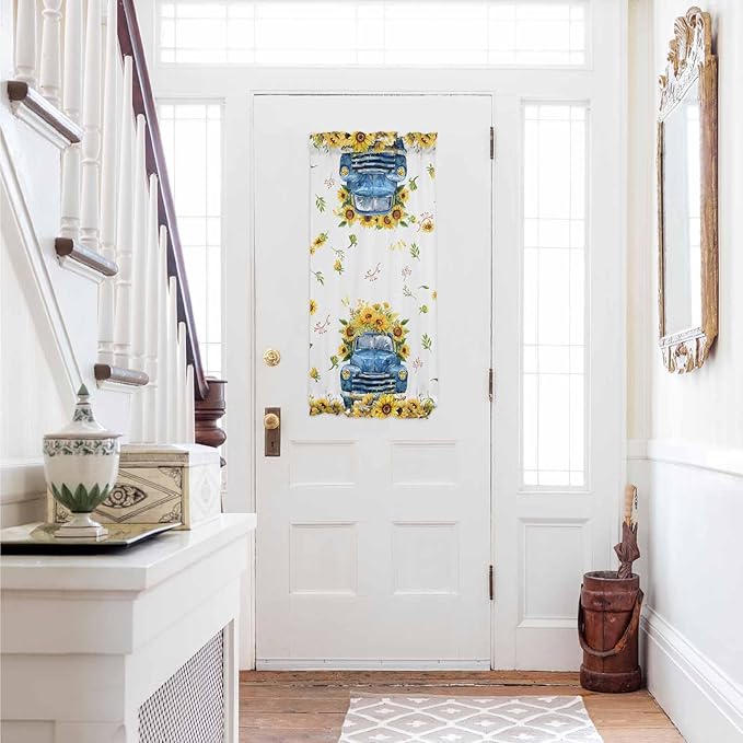 French Door Curtain Panel for Front Door Sunflower Blue Truck Summer Slidelight Door Curtains with Tieback Light Filtering Privacy Panels for Doorway Entryway 25"x 40"