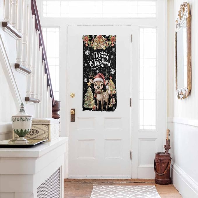 Christmas French Door Curtain Panel for Front Door, Christmas Tree Winter Deer Garland Bell Poinsettia Black Slidelight Door Curtains with Tieback Light Filtering Privacy Panels for Entryway 25"x 40"