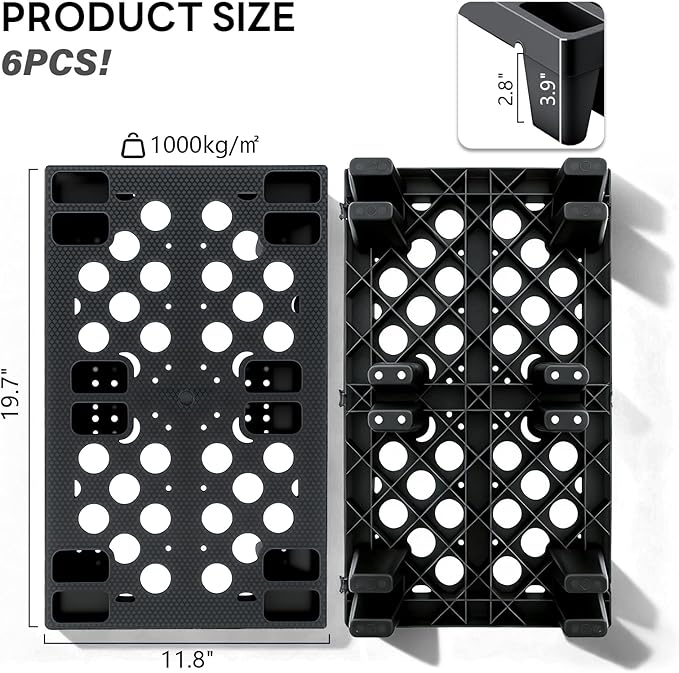 Plastic Pallets, 6pcs Black Lightweight Nestable Polyethylene Pallets, Moisture-Proof Floor Pallets, Mini Spliceable Plastic pallets for Basement Storage Kitchen Garages L 19.7" x W 11.8"x H 3.9"