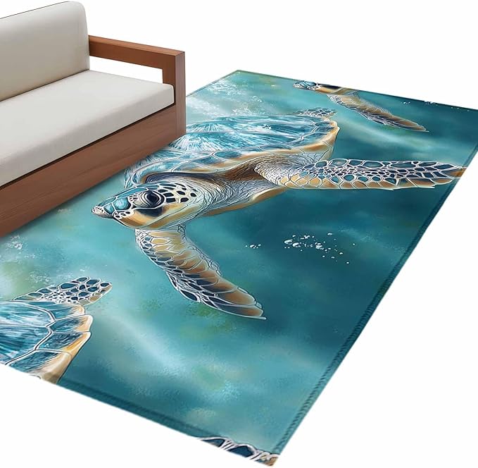 Marine Animal Area Rugs 2.7'x5', Ocean Turtle Modern Art Abstract Style Washable Area Rugs Non-Slip Indoor Floor Mats Carpet for Living Room Bedroom Dining Room