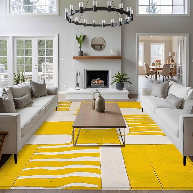 Impressionist Style 9'x12' Large Area Rugs, Yellow Abstract Blurred Color Washable Area Rugs Non-Slip Indoor Floor Mats Large Carpet for Living Room Bedroom Dining Room