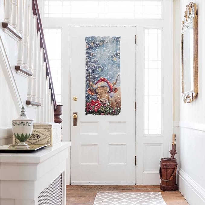 Christmas French Door Curtain Panel for Front Door, Christmas Winter Snow Santa Hat Cow Poinsettia Slidelight Door Curtains with Tieback Light Filtering Privacy Panels for Doorway Entryway 25"x 40"