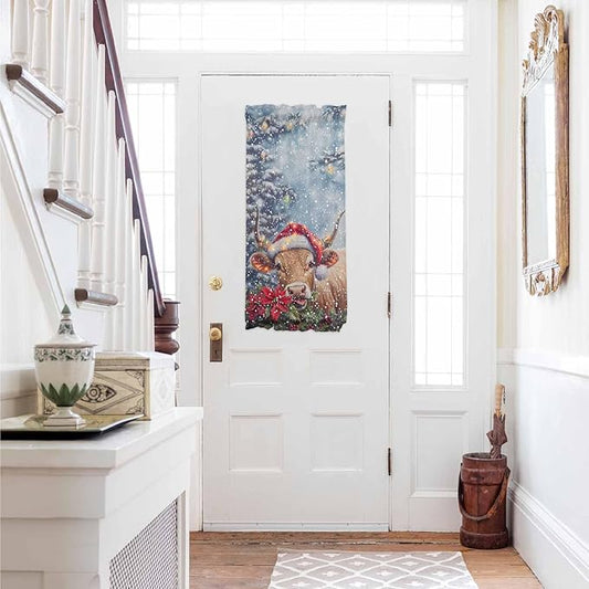 Christmas French Door Curtain Panel for Front Door, Christmas Winter Snow Santa Hat Cow Poinsettia Slidelight Door Curtains with Tieback Light Filtering Privacy Panels for Doorway Entryway 25"x 40"