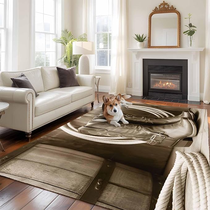 Western Cowboy 6'x9' Large Area Rugs, Vintage Countryside Cowboy Boots Ropes Washable Area Rugs Non-Slip Indoor Floor Mats Large Carpet for Living Room Bedroom Dining Room