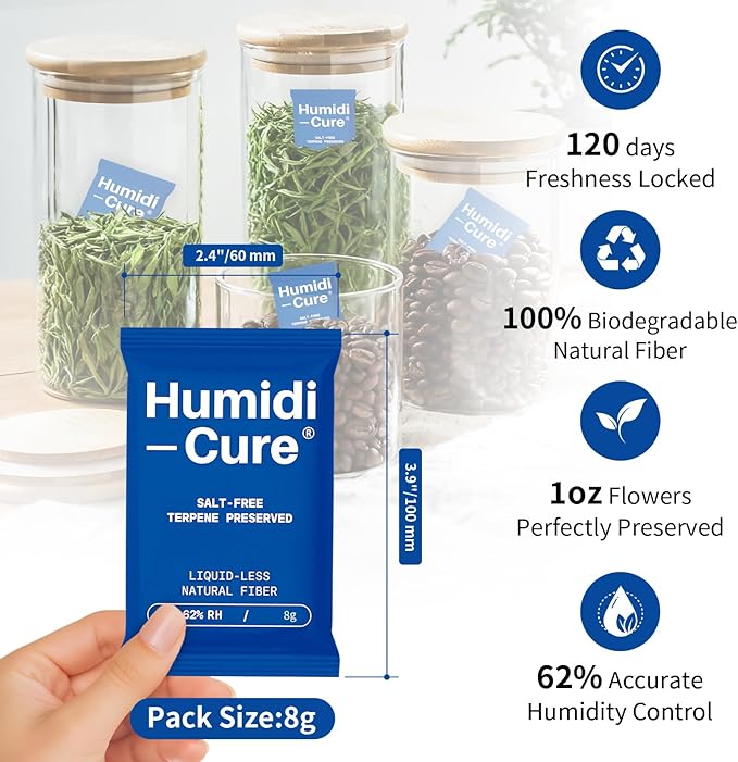 Humidi-Cure 62% RH 2-Way Humidity Packs, Size 8g, 10 Packs, Moisture Absorbers for Storing 1 oz Herbs, Humidity Control Packs Preserving Aroma and Flavor with Liquidless Plant-Fiber, Salt-Free
