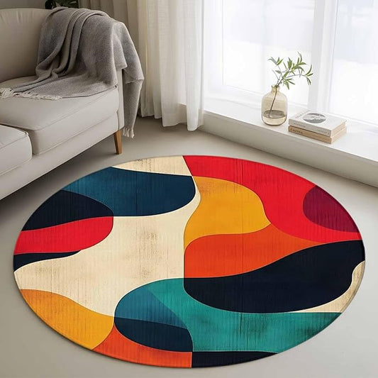 Abstract Art Small Round Rug 3 Ft, Impressionist Red Blue Color Block Area Rugs Washable Non Slip Indoor Floor Mats Circle Carpet for Living Room Bedroom Dining Room Home Decor