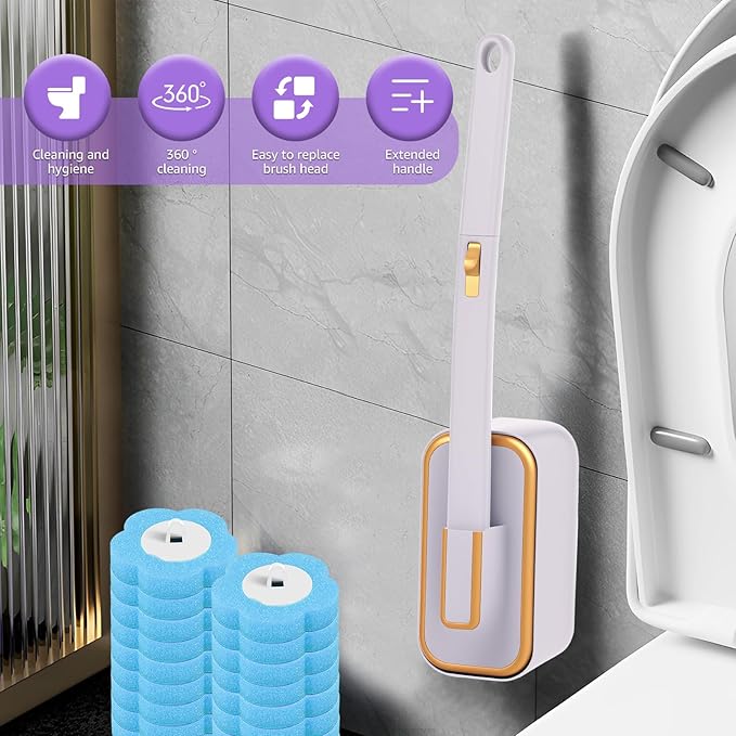 Disposable Toilet Brush Refills, Wall Mount Toilet Bowl Brush, Toilet Wand Refills with Extended Handle Cleaning Set, 360° Cleaning Toilet Brush Grip Suitable for Bathrooms (Grey Brush+18 Refills)