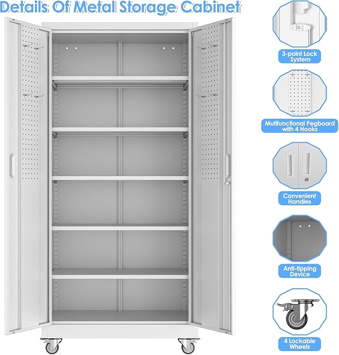 Reemoon Garage Storage Cabinet with Wheels and Pegboard, Metal Storage Cabinet with 5 Adjustable Shelves for Garage Warehouse Office Utility Room,Required Assembly,71" H×34" W×18" D,White