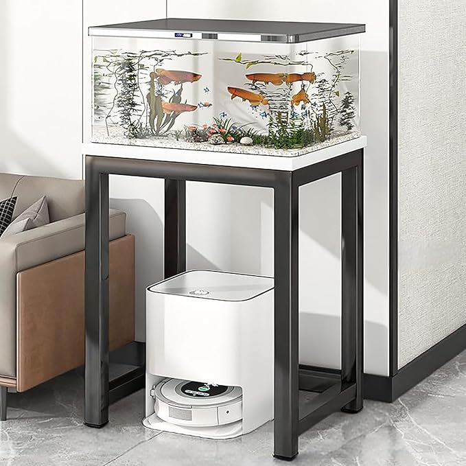 Storage Rack Above The Sweeping Robot,Robot Vacuum Stand Cabinet,Entryway Hallway Double-Tier Robot Vacuum Cleaner Shelf,Steel Frame with Wooden Top,Small End Tables for Bathroom(White/Black,50x35/19.