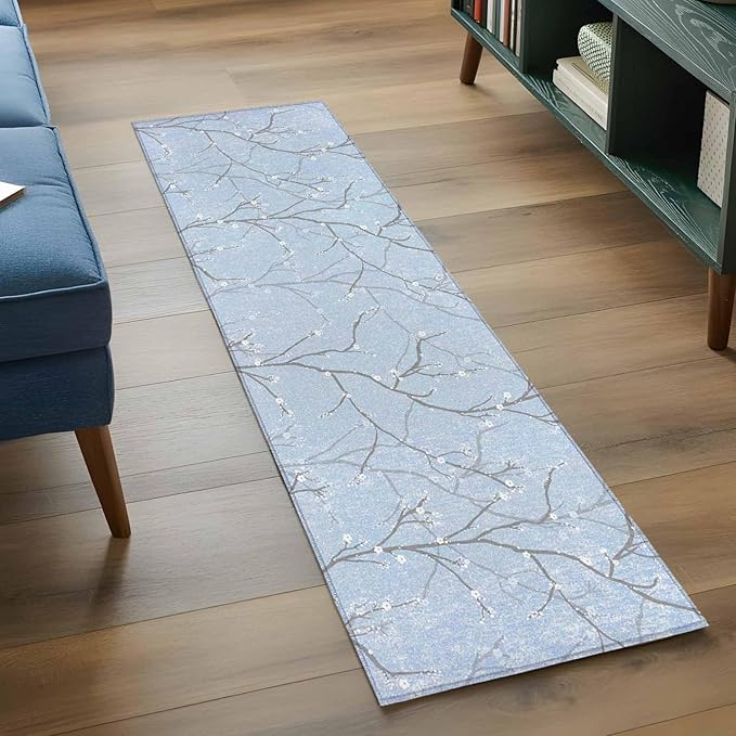 Blue Tree Branch Runner Rug 2'x6', Retro Classic Art Blue Tree Branches Flower Hallway Runner Rugs Washable Non-Slip Bedside Floor Mats Carpet for Kitchen Bedroom Laundry Room Bathroom