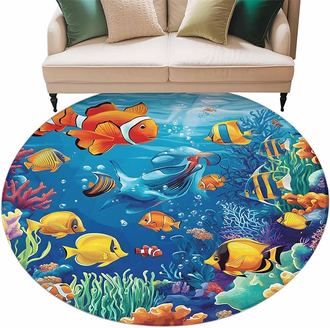 Ocean Marine Round Rug 6 Ft, Life Fish Coral Seagrass Underwater Coastal Circle Area Rugs Washable Non Slip Indoor Floor Mats Carpet for Living Room Bedroom Dining Room Home Decor