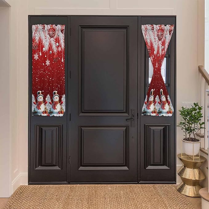 Christmas French Door Curtain Panel for Front Door, Silver Cedar Leaves Trees Snowflake Hanging Balls Slidelight Door Curtains with Tieback Light Filtering Privacy Panels for Entryway 25"x 40"
