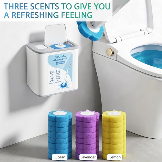 2026 Disposable Toilet Brush and Holder Set, Disposable Toilet Bowl Cleaning System with Aromatherapy Refills, Cleaning Wand with Storage Case & Scented Tabs (Ocean, Lemon & Lavender)