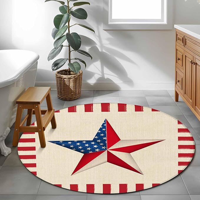 Farmhouse American Flag Pentagram Round Rug 4 Ft, Circle Area Rugs Washable Non Slip Indoor Floor Mats Carpet for Living Room Bedroom Dining Room Home Decor